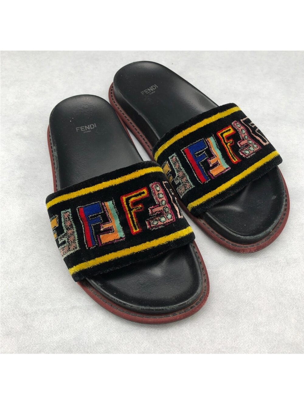 Fendi Black Slide Sandals with Multicolor FF Logo Strap